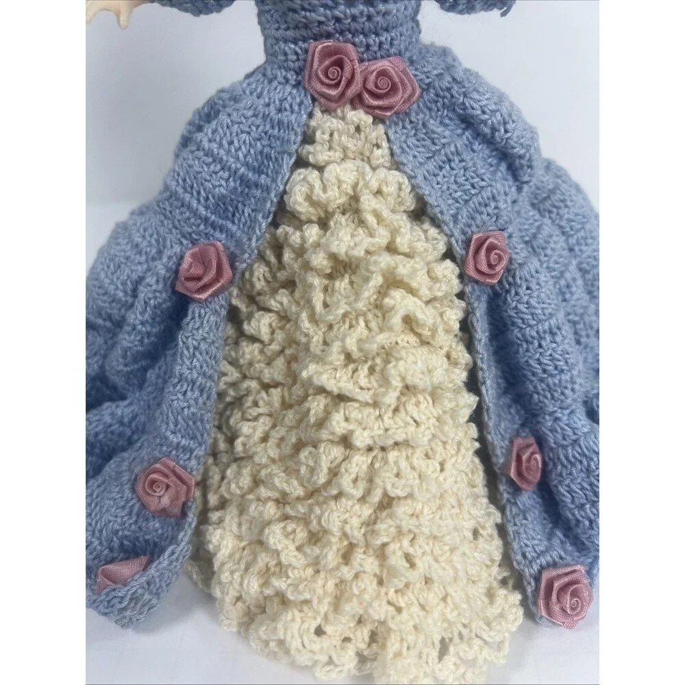 Vintage Plastic Doll Handmade Crocheted Blue DressBlonde Hair Blue Blinking Eyes